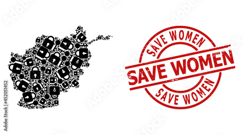 Rubber Save Women seal, and secrecy collage of Afghanistan map. Red round stamp seal contains Save Women tag inside circle. Afghanistan map collage is composed of secrecy rotated elements.