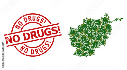 Distress No Drugs! stamp, and opium poppy head mosaic of Afghanistan map. Red round stamp contains No Drugs! text inside circle. Afghanistan map mosaic is designed of opium poppy head rotated items.