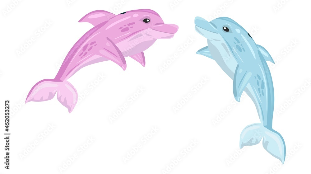 Obraz premium Pink And Blue Dolphin Cartoon Illustrations On A White Background. Cute Dolphins. Blue And Pink Dolphin