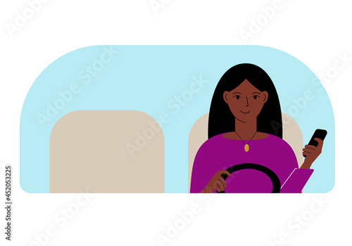 Illustration of a woman with one hand controls a car and a mobile phone in the other hand