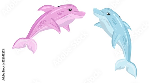 Pink And Blue Dolphin Cartoon Illustrations On A White Background. Cute Dolphins. Blue And Pink Dolphin