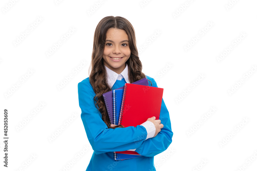 happy face of teen girl with long curly hair hold school workbook isolated on white, school happy face of teen girl with long curly hair hold school workbook isolated on white, school