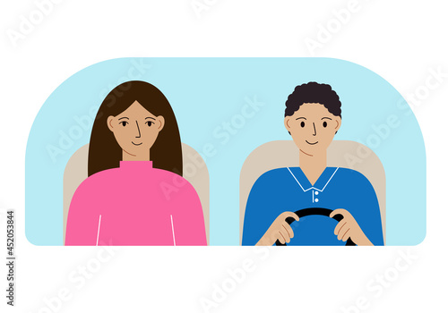 Illustration of a man and a woman in a car behind the windshield.