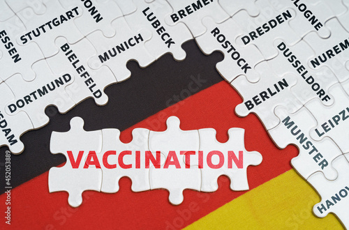 On the flag of Germany there are puzzles with the names of cities and puzzles with the inscription - vaccination