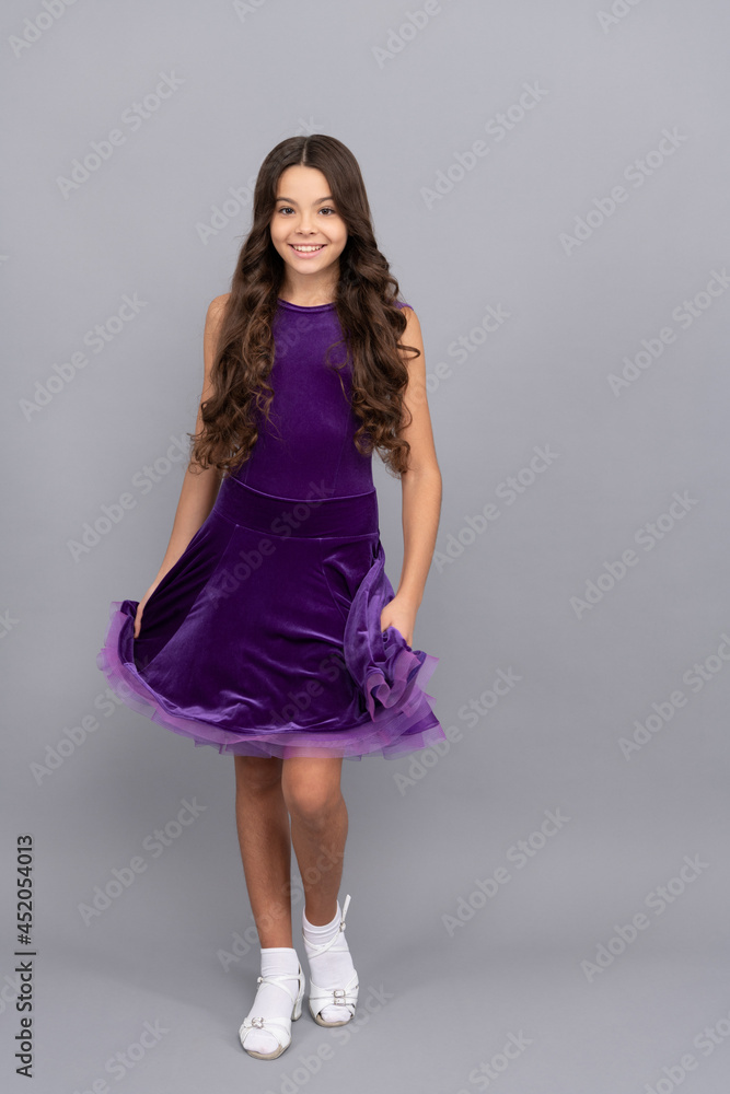 smiling child with long wavy hair in dance ballroom dress full length, dance smiling child with long wavy hair in dance ballroom dress full length, dance