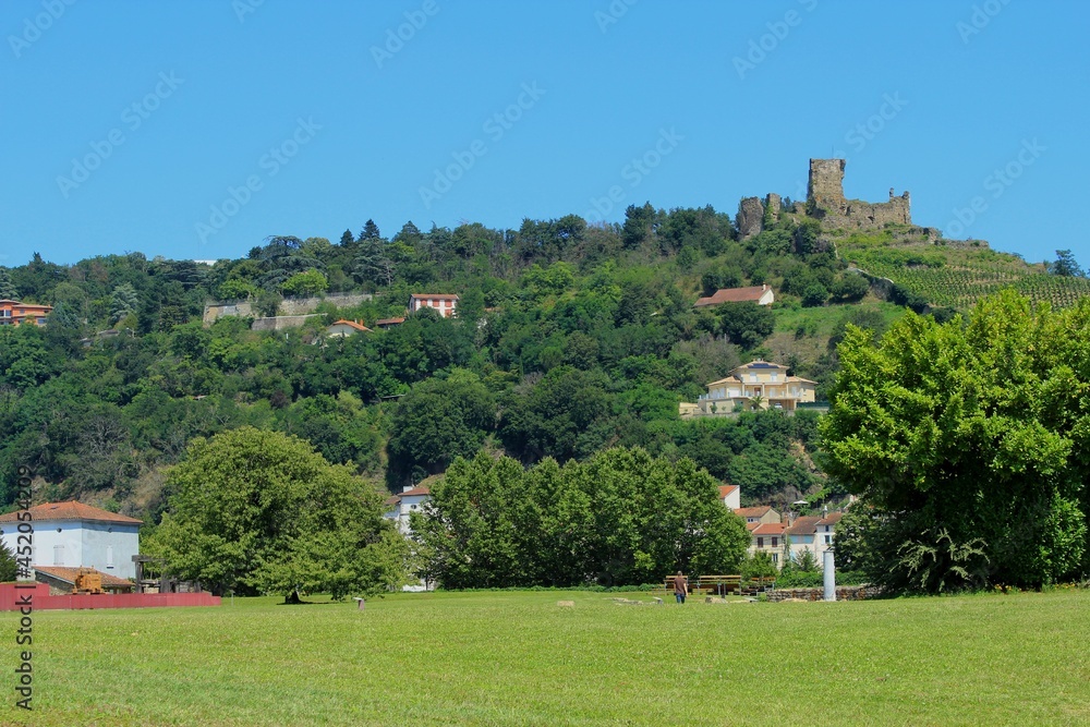 Beautiful European city of Vienne in France, a French town with Gallo-Roman past and a popular tourist destination. Urban landscape with a green hill with winery and castle ruin, a lawn and blue sky.