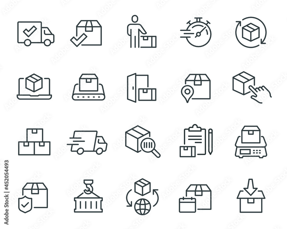 Delivery of Goods icons set. Such as Parcels, Courier, Door Delivery, Fast, Track Parcel, Parcel Management, Conveyor Belt, Weighing, Worldwide, Unloading and Dispatching, and others. Editable vector Delivery of Goods icons set. Such as Parcels, Courier, Door Delivery, Fast, Track Parcel, Parcel Management, Conveyor Belt, Weighing, Worldwide, Unloading and Dispatching, and others. Editable vector