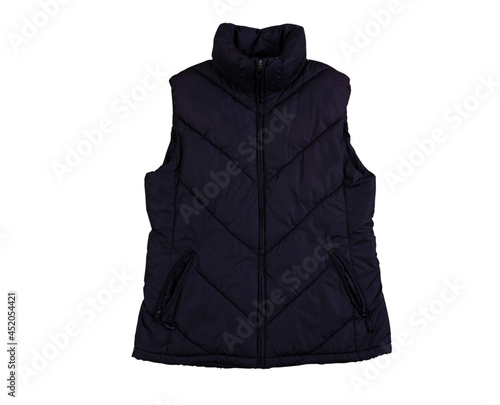 black Vest, Blank template black waistcoat sleeveless with zipped, front view isolated on white background. Mockup black winter sport vest. Down jacket photo