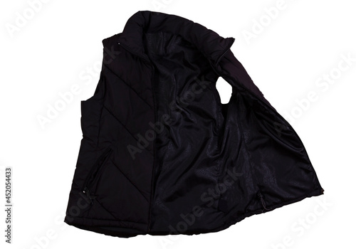 black Vest, Blank template black waistcoat sleeveless with zipped, front view isolated on white background. Mockup black winter sport vest. Down jacket photo