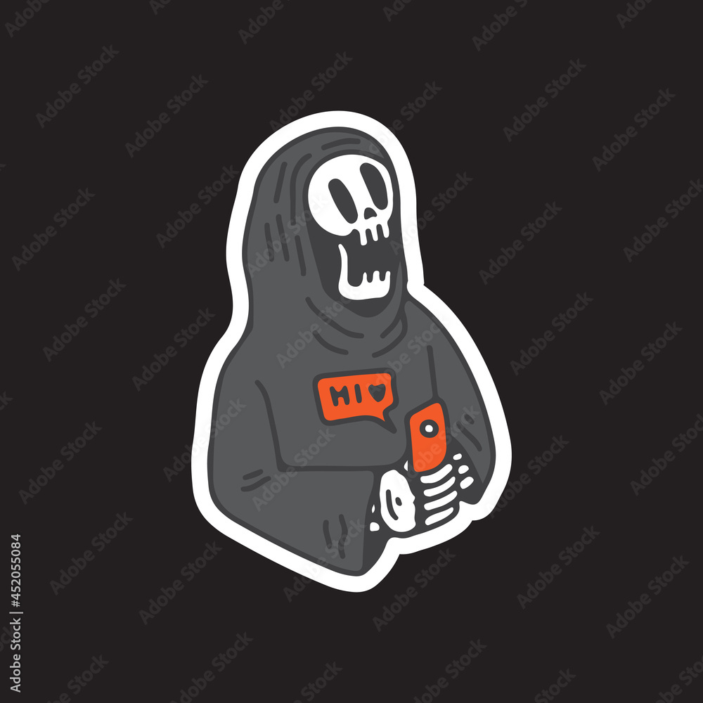 Skull grim reaper with hand phone using social media illustration. Vector graphics for t-shirt prints and other uses. Skull grim reaper with hand phone using social media illustration. Vector graphics for t-shirt prints and other uses.