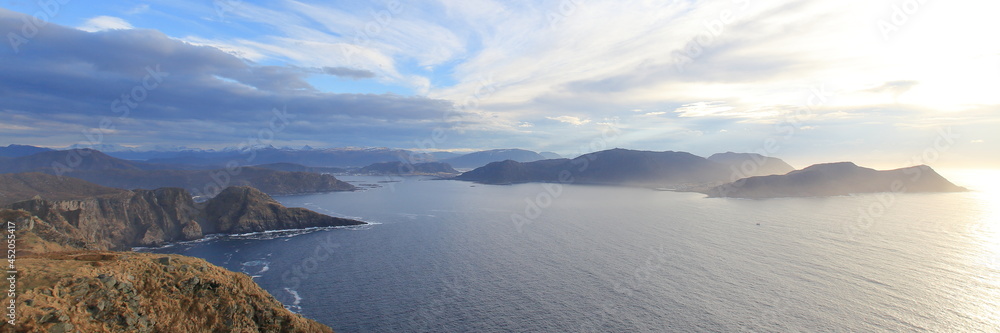 Ocean view with mountains in background at Runde in Norway