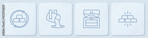 Set line Gold exchange money, Antique treasure chest, Molten gold being poured and bars. White square button. Vector