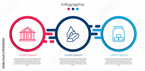 Set line Bank building, Molten gold being poured and Gold bars. Business infographic template. Vector