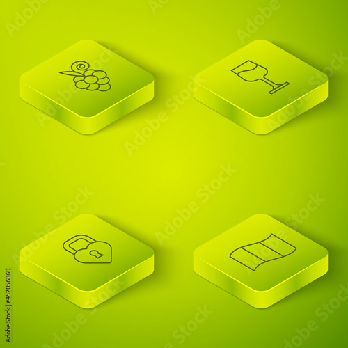 Set Isometric line Wine glass, Castle the shape of heart, Flag France and Grape fruit icon. Vector