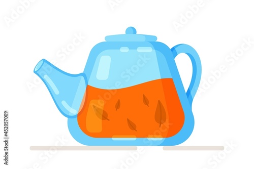 Tea. Fresh brewed black tea in a glass teapot. Vector illustration of isolated transparent teapot.