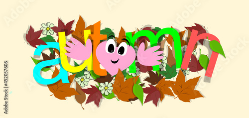 AUTUMN sends a virtual hug. Floral theme. Heart illustration. Face with expression, smile. WHITE DAISY and MULTICOLORED LEAVES WALLPAPER. Flower Drawing. Banner full of life. Nice seasonal card.