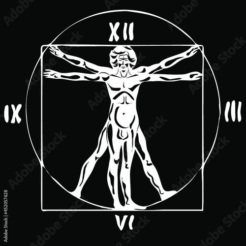 Stylization of the Vitruvian man and the dial of the clock. Vector illustration. 