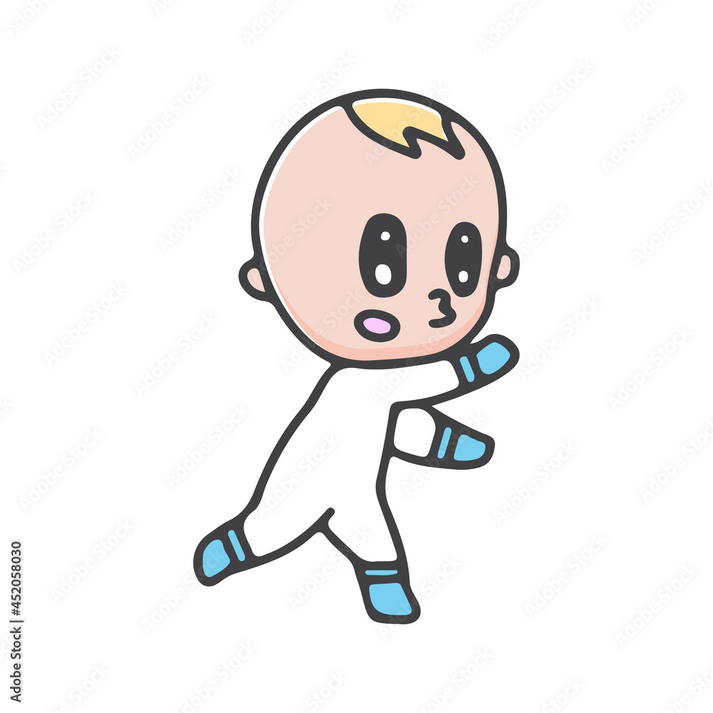 Cartoon baby taking first steps. kawaii style.