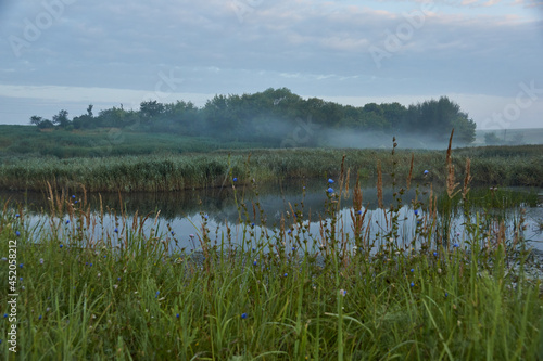 Sunrise over the lake. Fishing on the lake. Recreation center. August 2021.