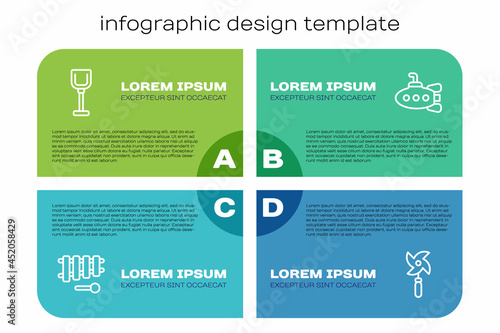 Set line Xylophone, Shovel toy, Pinwheel and Submarine. Business infographic template. Vector