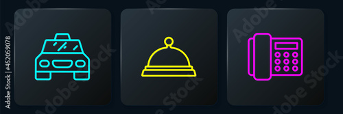 Set line Taxi car, Telephone handset and Covered with tray of food. Black square button. Vector