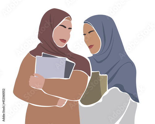 Muslim women in closed clothes and hijab, in a headscarf, with books and notebooks in their hands. The concept of feminism, tolerance, equal education and rights for all women of Islam. Vector graphic