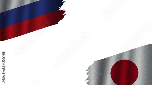 Japan and Russia Flags Together, Wavy Fabric Texture Effect, Obsolete Torn Weathered, Crisis Concept, 3D Illustration