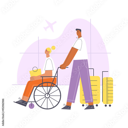 Young man and woman in wheelchair with suitcases  at the airport. Air traveling concept cartoon vector illustration.
