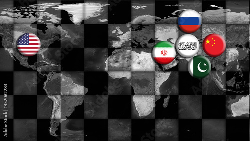 Afghanistan (Taliban) , USA, China, Russia, Iran and Pakistan Flags on world map with chessboard.