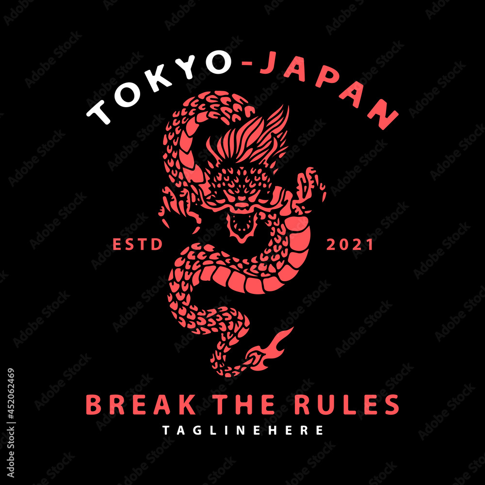Japanese dragon with break the rules typography. illustration for t shirt, poster, logo, sticker, or apparel merchandise.