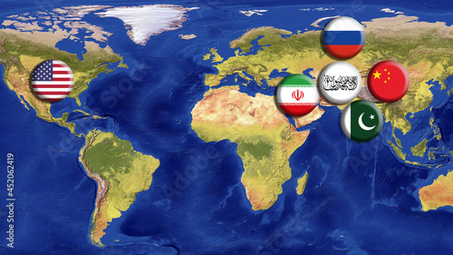 Afghanistan (Taliban) , USA, China, Russia, Iran and Pakistan Flags on world map.