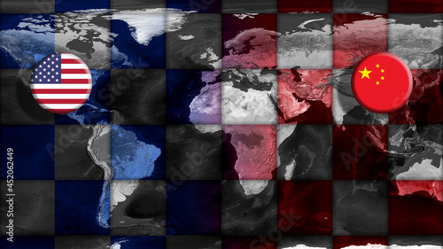 United States of America (USA) and China Flags on world map with chessboard.