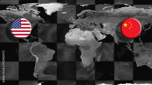 United States of America (USA) and China Flags on world map with chessboard.