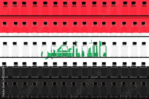 Flag of Iraq and multiple vaccine vials. Vaccination concept. 3D rendering