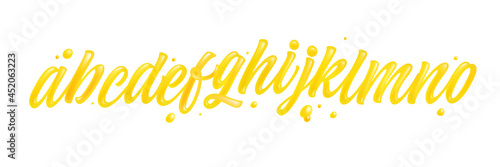 Honey font isolated on white background. Yellow typeface set with letters a, b, c, d, e, f, g, h, i, j, k, l, m, n, o. English liquid and glossy alphabet. 