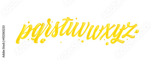 Yellow font isolated on white background. Gold ABC set with letters q, r, s, t, u, v, w, x, y, z. English alphabet made of honey, liquid, and glossy. 