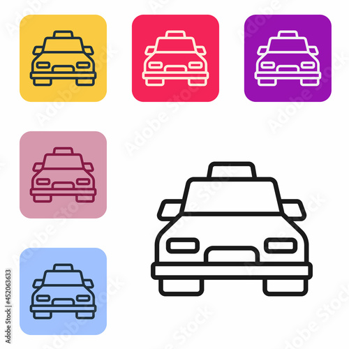 Black line Taxi car icon isolated on white background. Set icons in color square buttons. Vector