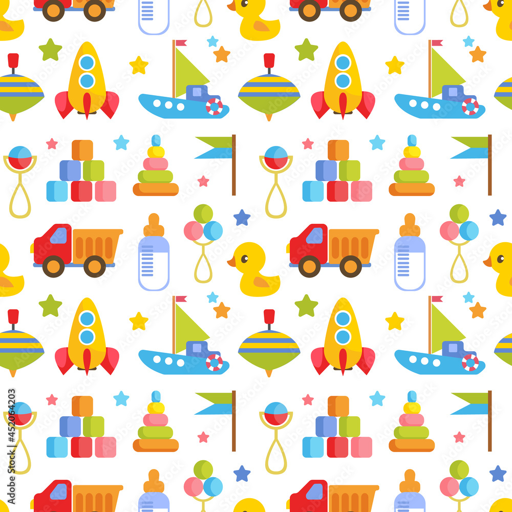 Seamless pattern with children s toys on a white background. Truck, car, cubes, boat, duck. Children s pattern in the style of minimalism. Vector flat illustration for print design, textiles Seamless pattern with children s toys on a white background. Truck, car, cubes, boat, duck. Children s pattern in the style of minimalism. Vector flat illustration for print design, textiles