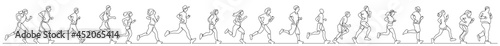 continuous line drawing of group of diverse people exercising jogging