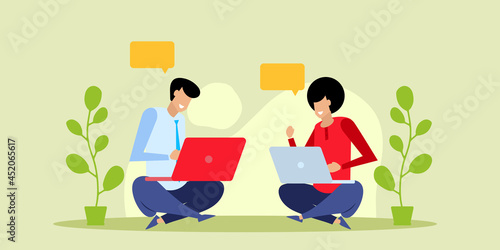 Business meeting concept vector illustration of young people using laptop and smartphone for online funding and making investments for bitcoin and blockchain. Flat design of new technology