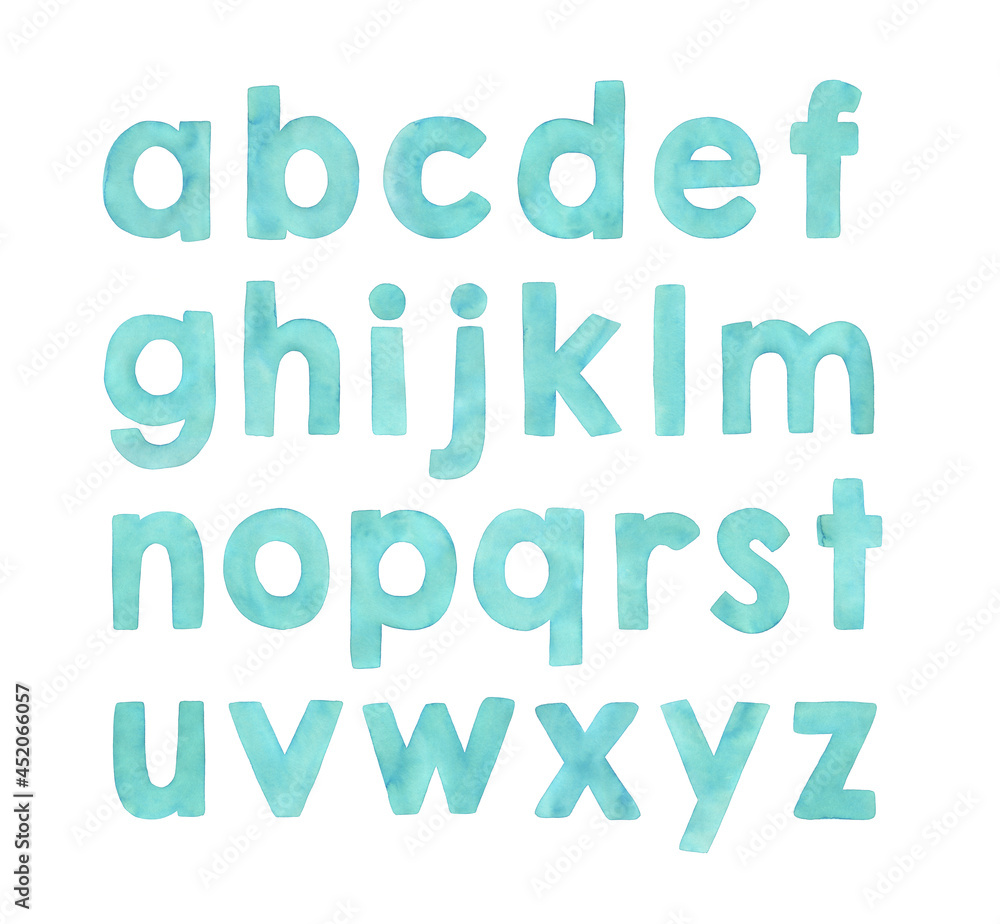 Watercolor painting of English alphabet letters in pretty teal color. Hand drawn watercolour illustration on white, cut out clip art elements for design decoration, print, poster, stickers, placard.