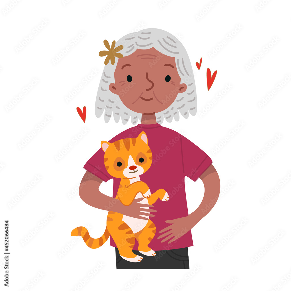 Portrait of a cartoon old black woman holding a ginger cat. A favorite pet and its owner in a fun style. Vector illustration of an elderly grandmother with gray hair. Isolated clipart. Portrait of a cartoon old black woman holding a ginger cat. A favorite pet and its owner in a fun style. Vector illustration of an elderly grandmother with gray hair. Isolated clipart.