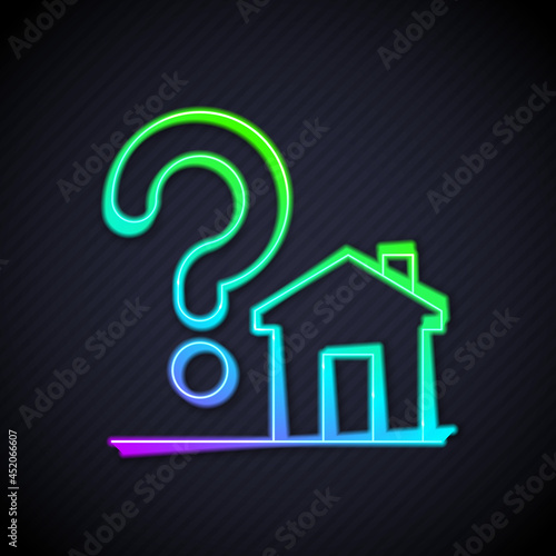 Glowing neon line House with question mark icon isolated on black background. Housing problems, questions. Vector