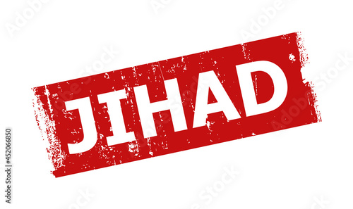 Red JIHAD rectangle seal stamp. JIHAD text is inside rectangle shape. Rough JIHAD stamp in red color, with unclean style.