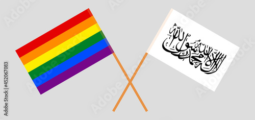 Crossed flags of LGBTQ and Islamic Emirate of Afghanistan. Official colors. Correct proportion