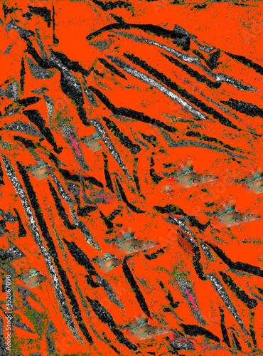 Abstract floating flecks of color in red orange space.