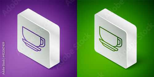 Isometric line Coffee cup icon isolated on purple and green background. Tea cup. Hot drink coffee. Silver square button. Vector