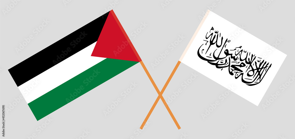 Crossed flags of Palestine and Islamic Emirate of Afghanistan. Official colors. Correct proportion Crossed flags of Palestine and Islamic Emirate of Afghanistan. Official colors. Correct proportion