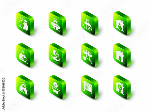 Set Homeless cardboard house, Help homeless, Shelter for, Real estate, No, Searching food, Trash can and Donation money icon. Vector