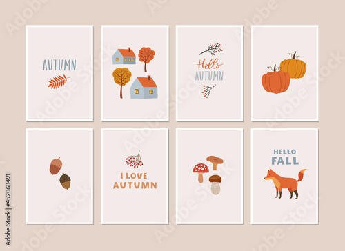 Autumn cute templates set. Perfect for poster, greeting card, social media design etc. Pumpkins, houses, leaves, fox, mushrooms, trees etc. Modern minimalistic style. Vector illustration 